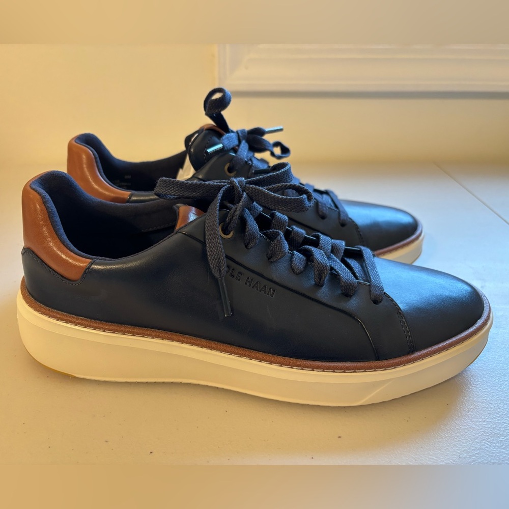 Cole Haan Navy Leather Sneakers with Brown Heel Collar